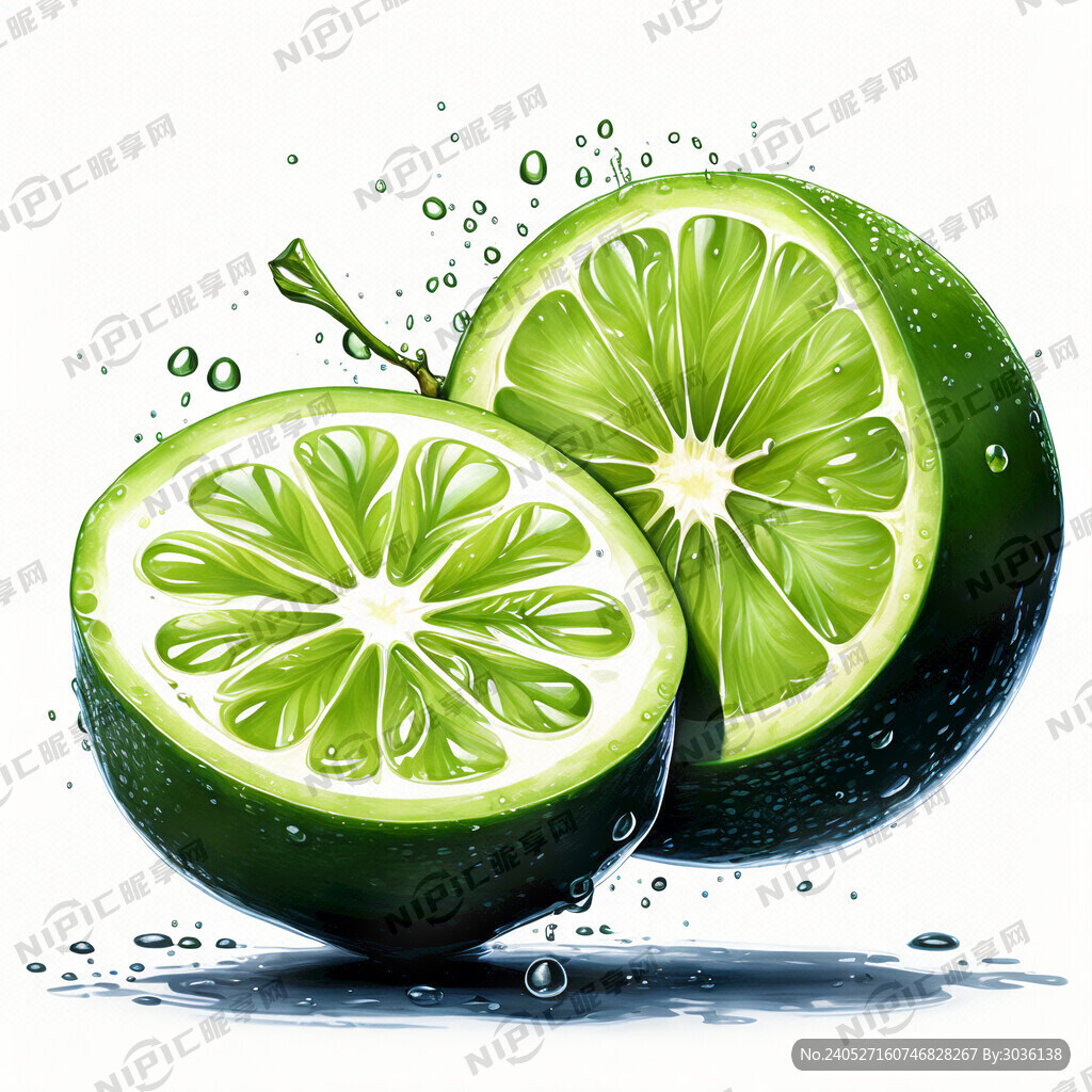 一个手绘的完整青柠上面有水珠和