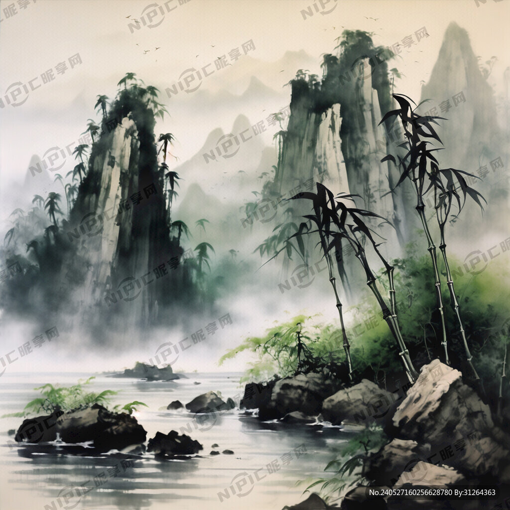 竹子 假山 水墨风格