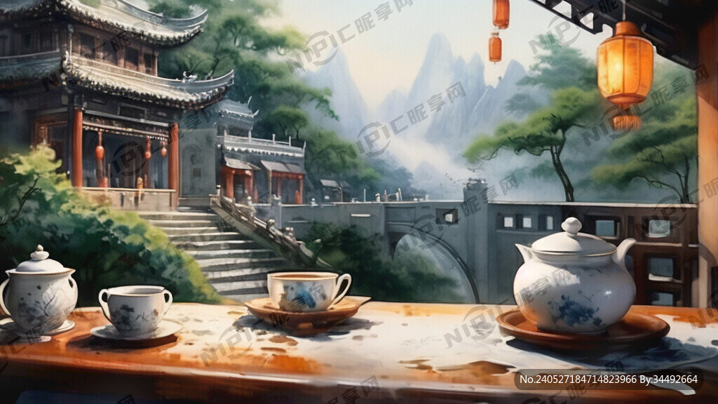 远景 徽派建筑 古装手绘 茶叶