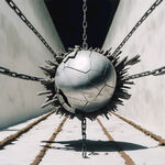 一条铁链吊着一个大铁球，铁球撞在白色的墙壁上，铁球有一部分碎裂的视觉冲击效果