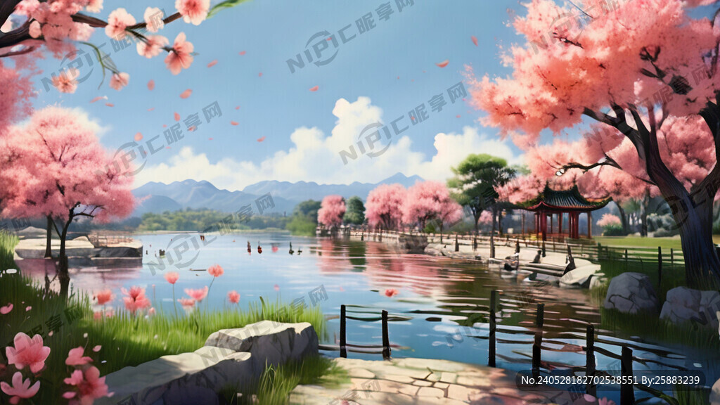 桃花湖手绘效果 有桃花 有桃花