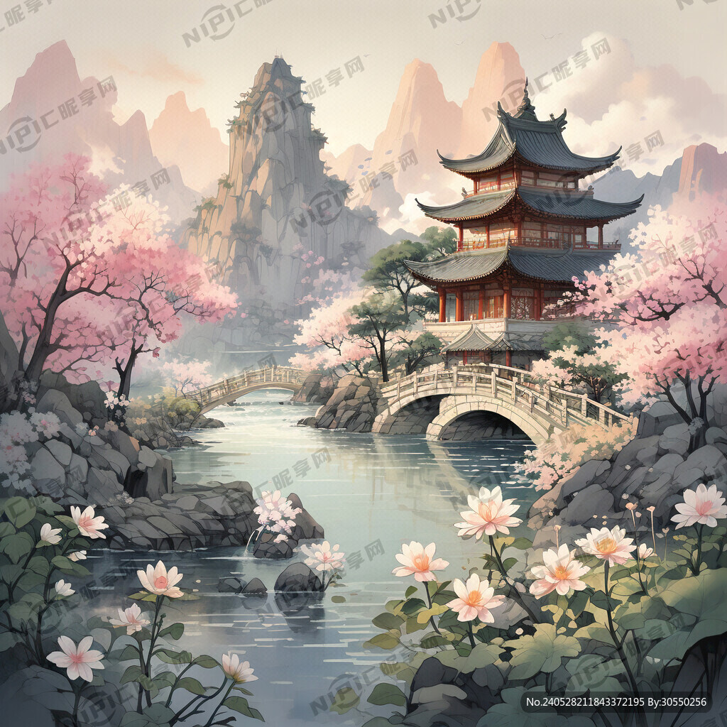 线稿图 小桥流水人家