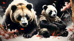 棕熊和中国黑白色大熊猫背靠背，密无间的战友，全副武装，战争背景，科幻感十足  ，超高清，细节刻画，飞机，炮弹满天飞，飘渺电影般环境，明亮清晰，海报