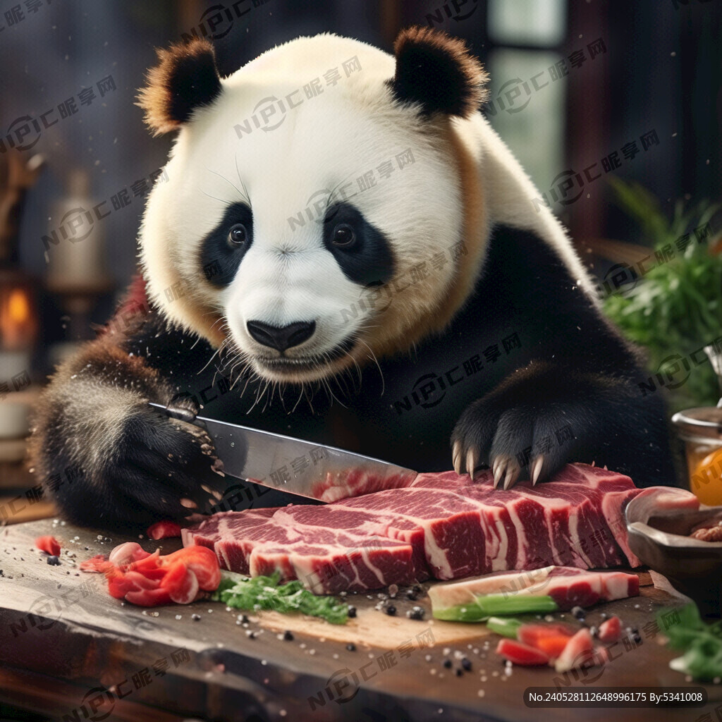 熊猫 用手 拿刀切鲜牛肉