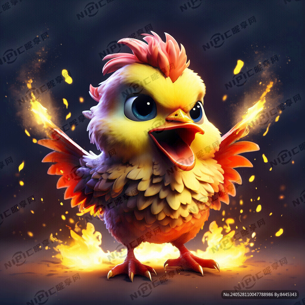 卡通小鸡 张开嘴巴喷火 矢量