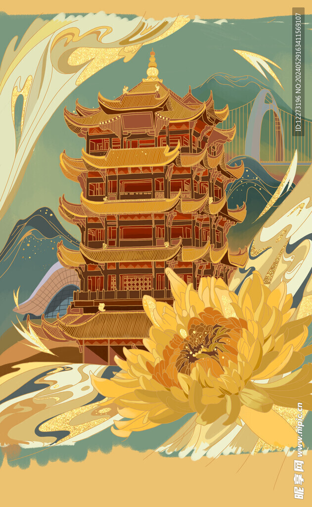 国潮山水插画         