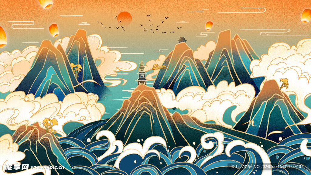 国潮山水插画         