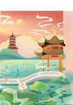 国潮山水插画         