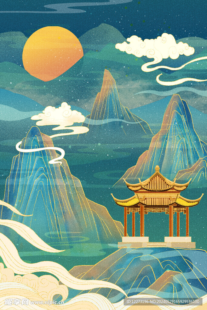 国潮山水插画         