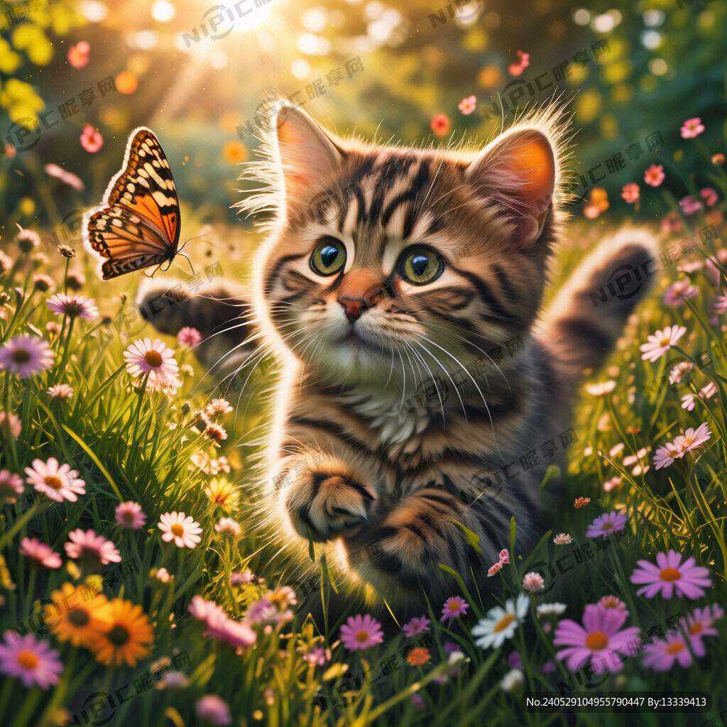三花猫 抓蝴蝶 草地