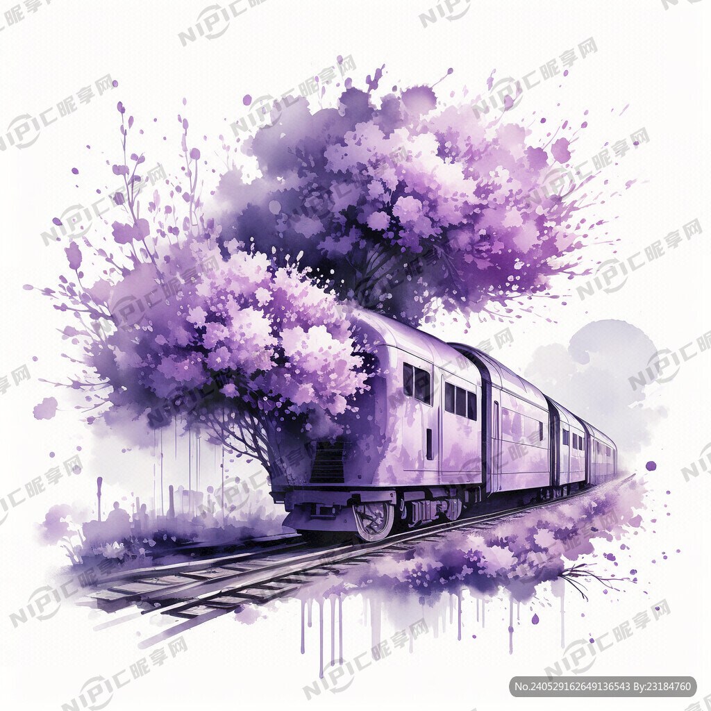 梦幻淡紫色花树 水彩画