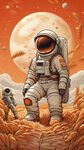 二十四节气芒种海报，宇航员手拿麦穗坐在火星上，宇宙，橙色系