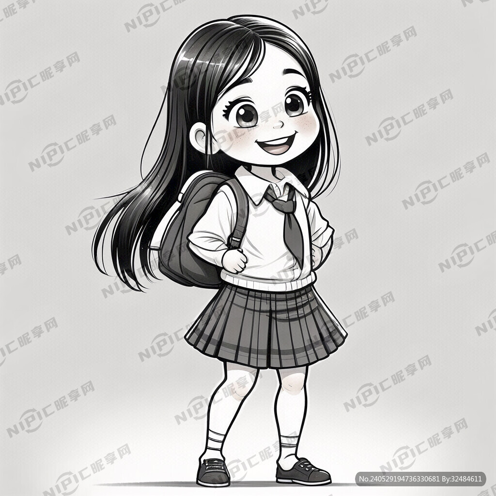 上学女小学生全身站立微笑要求黑