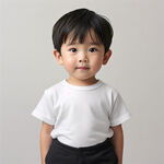 3岁小男孩，正面看镜头，穿白色短袖上衣，黑色短裤 背景白色