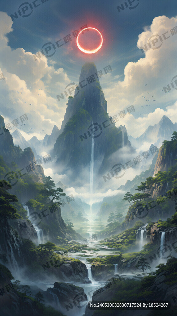 高山流水树木  上方有日月 