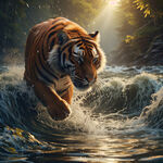 流动的水生成的往上冲越的老虎