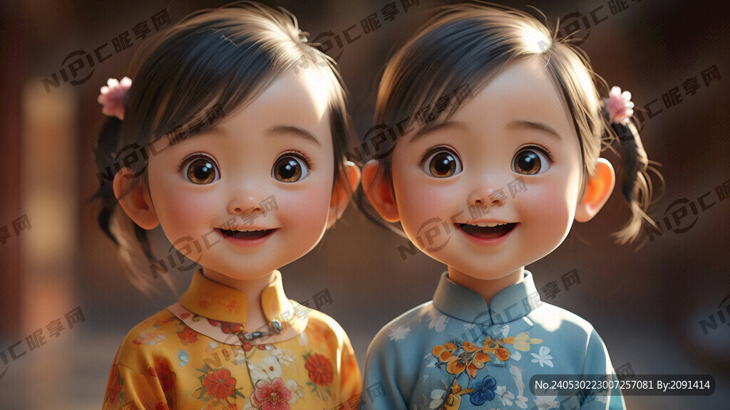 3岁男孩与女孩 头像 3D模型