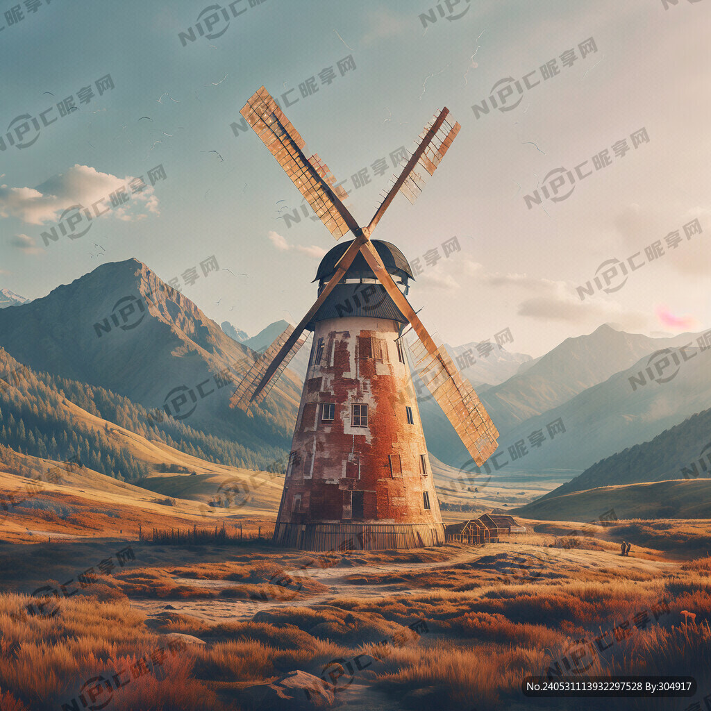 色彩鲜艳插画简约风车在平原上后