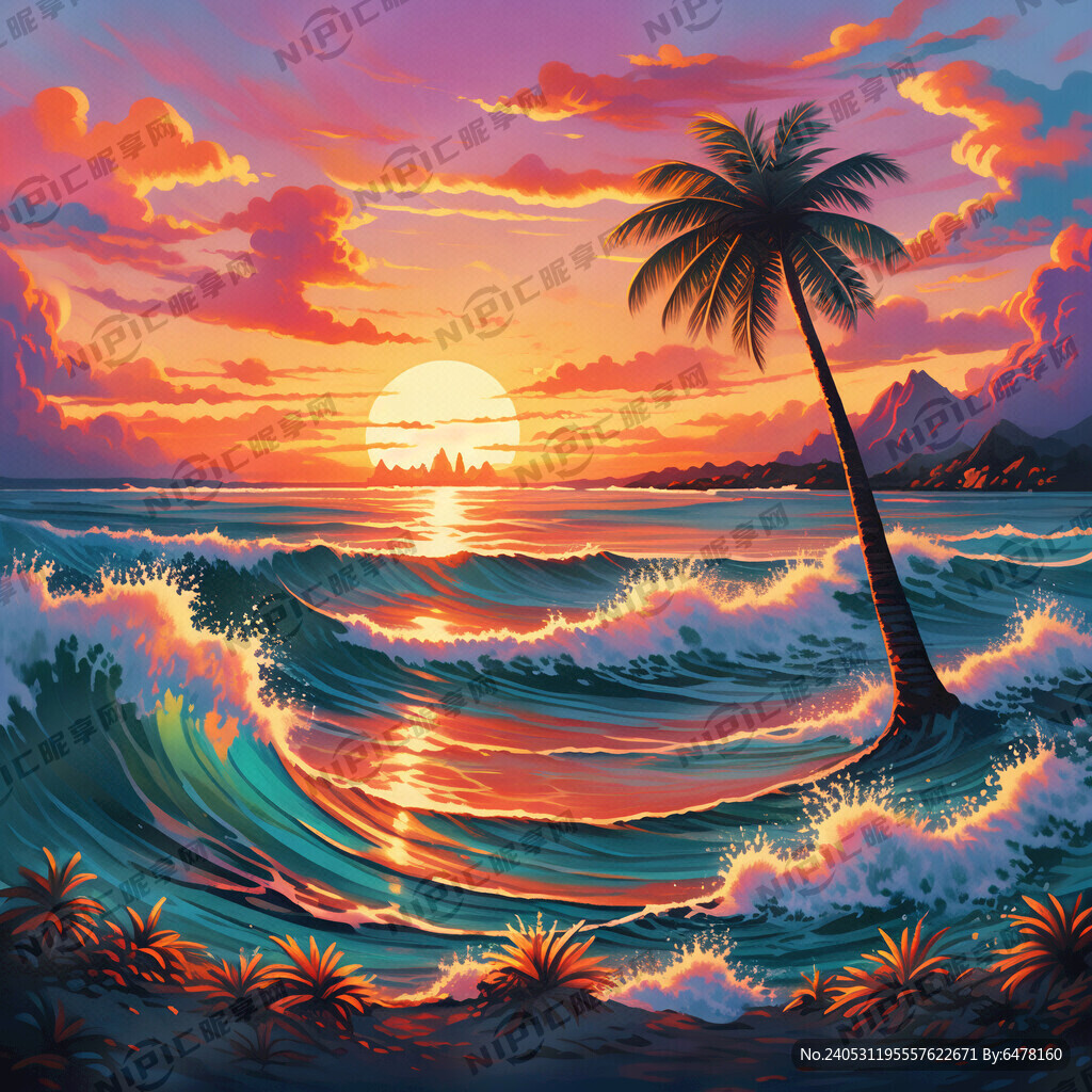 夏威夷 海边海浪 椰树 夕阳