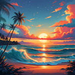 夏威夷 海边海浪 椰树 夕阳 沙滩