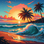 夏威夷 海边海浪 大颗椰树 夕阳 沙滩