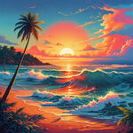 夏威夷 海边海浪 大椰树 夕阳 沙滩