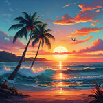 夏威夷 海浪 超大颗椰树 夕阳 沙滩