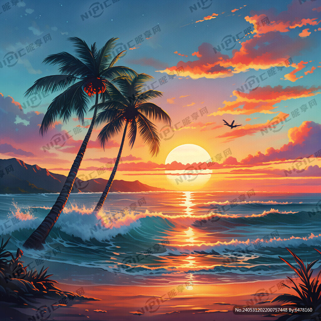 夏威夷 海浪 超大颗椰树 夕阳