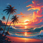 夏威夷 海浪 超大颗椰树 夕阳 沙滩