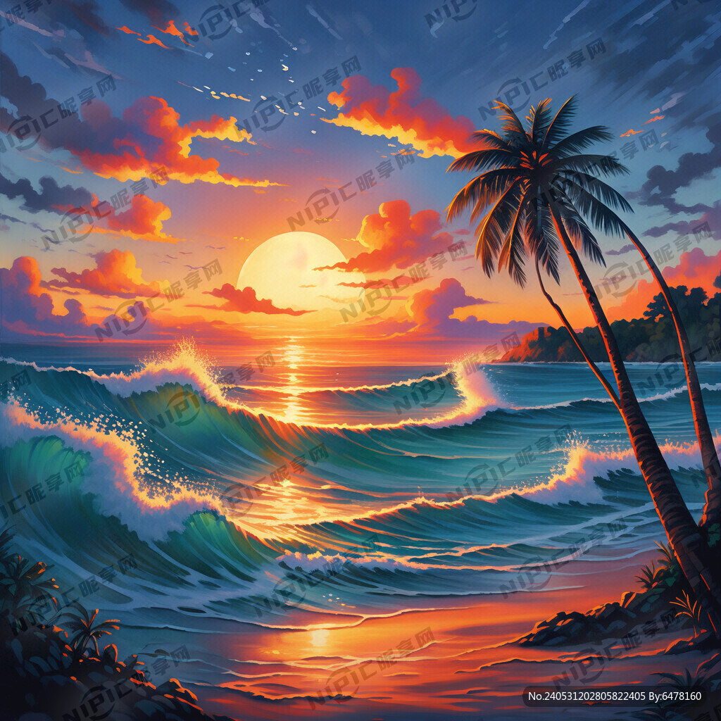 夏威夷 海浪 超大颗椰树 夕阳