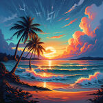 夏威夷 海浪 超大颗椰树 夕阳 沙滩  深蓝色