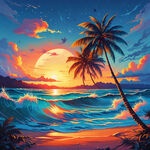 夏威夷 海浪 大椰树 夕阳 沙滩  蓝色