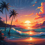 夏威夷 海浪 椰树 夕阳 沙滩