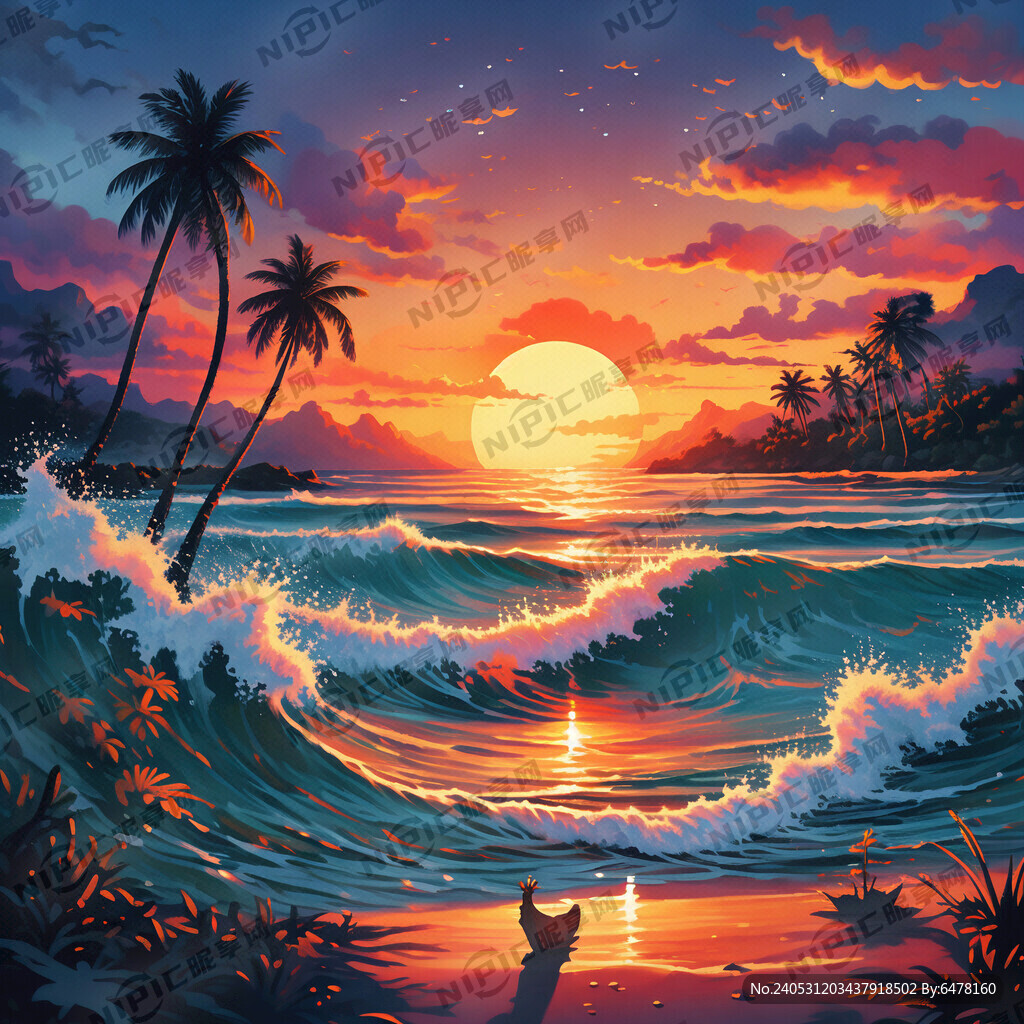夏威夷 海浪 椰树 夕阳 沙滩