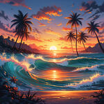 夏威夷 海浪 椰树 夕阳 沙滩