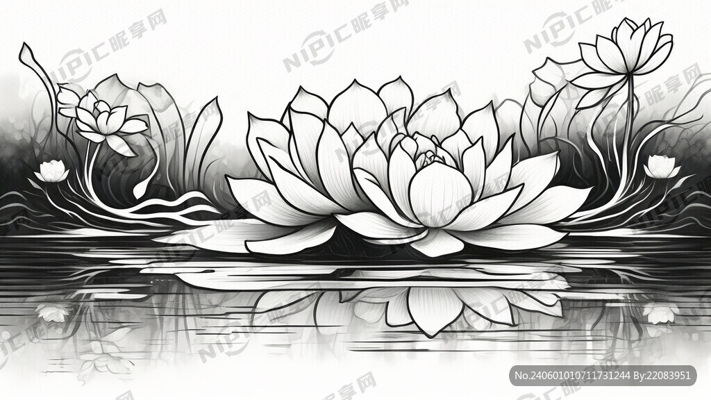 莲花 水波纹 线稿 简易 黑白