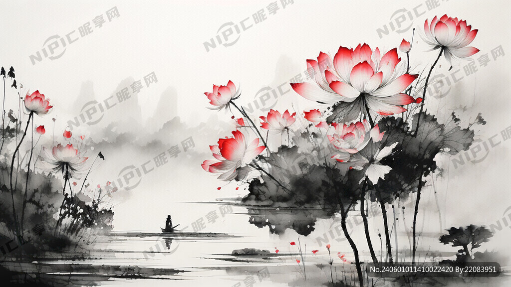 荷花写意 线稿 黑白 简洁