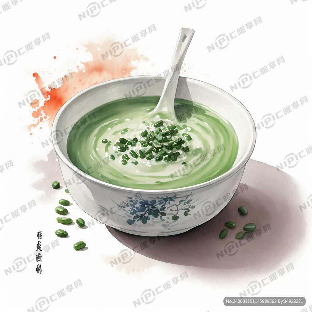 水彩绘制一碗绿豆粥
