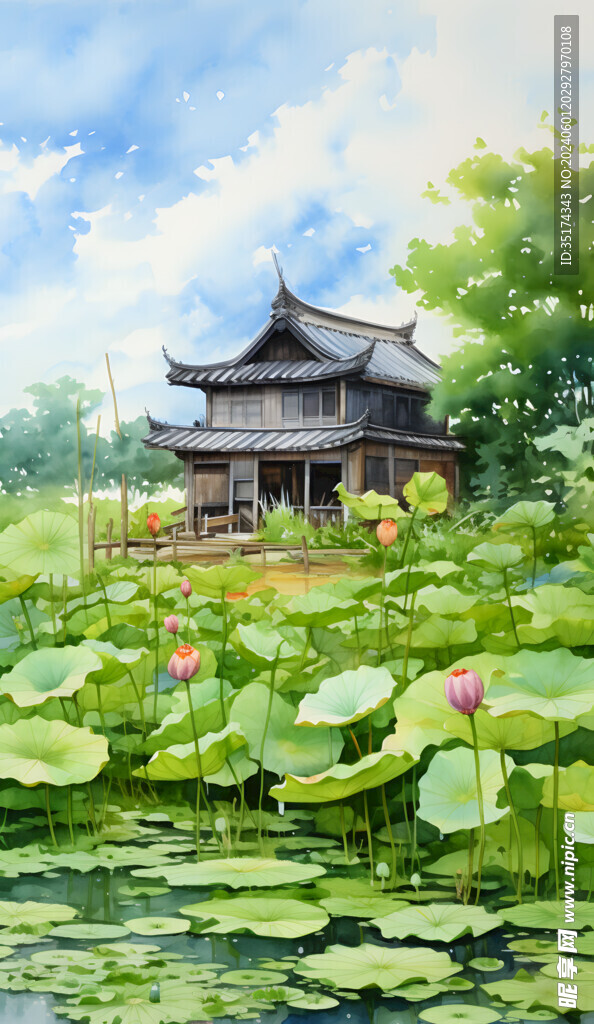 荷花风景壁画