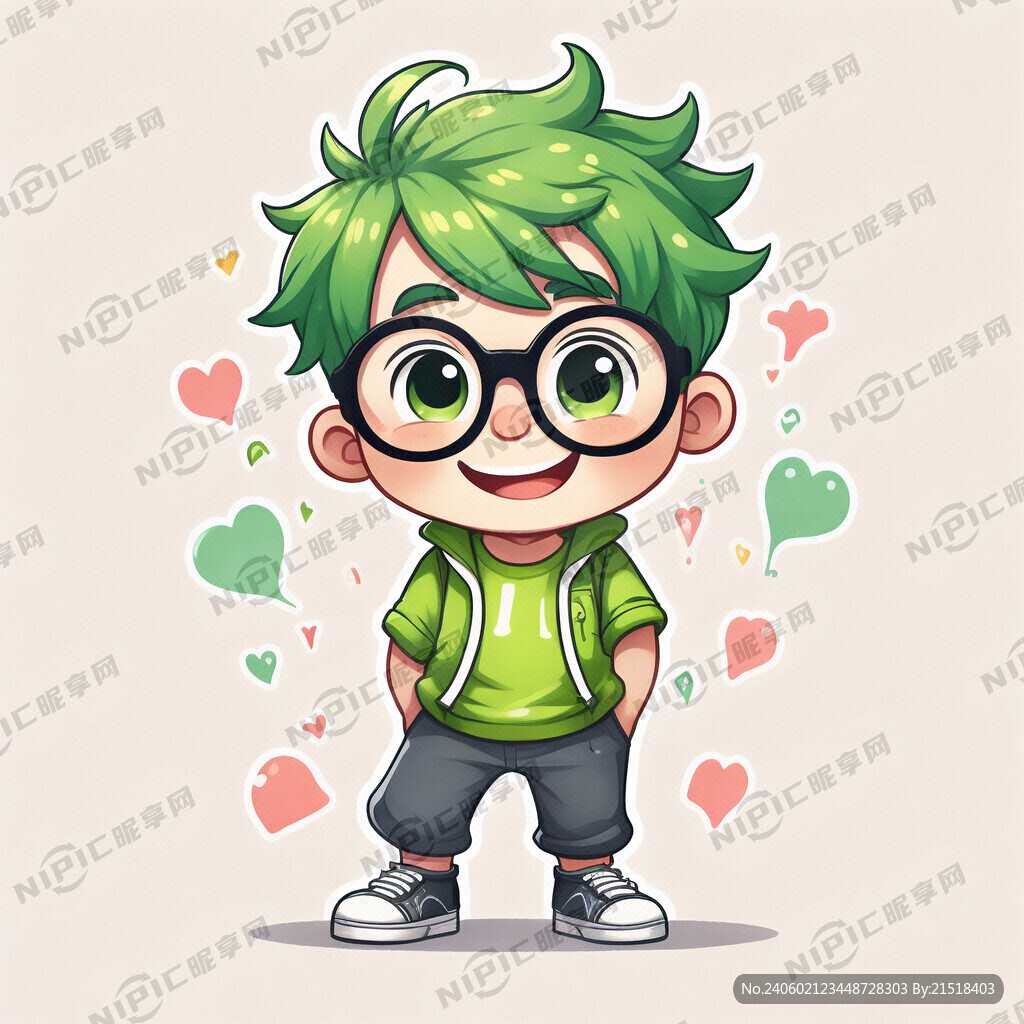 绿色 可爱男孩 微笑 戴眼镜