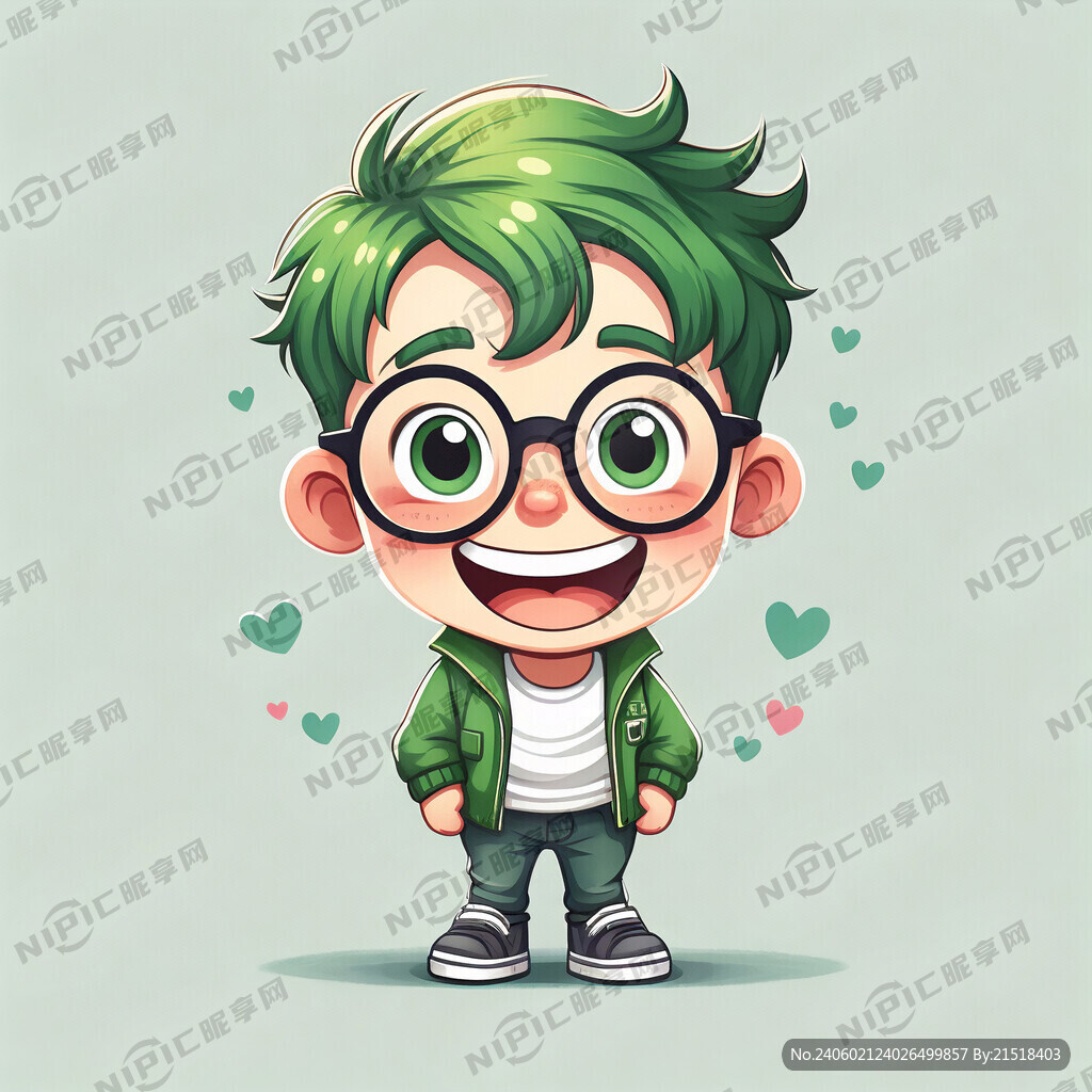 绿色 可爱男孩 微笑 戴眼镜