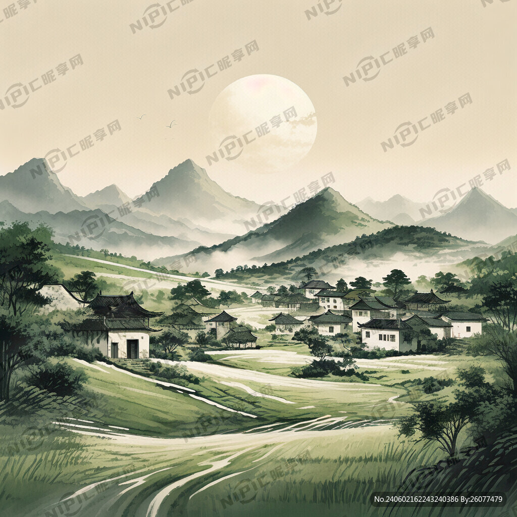 中国农村 绿色的田野、房屋
