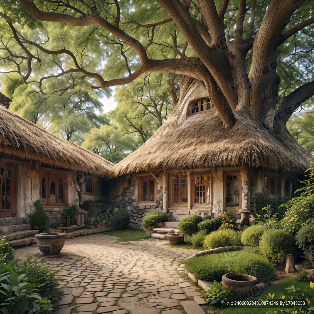 茅草屋 大树 小院