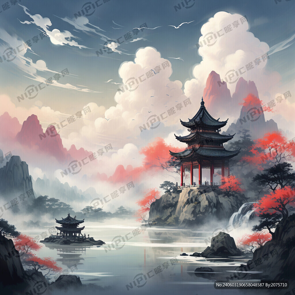 中国风山水画 有亭子 青山绿水