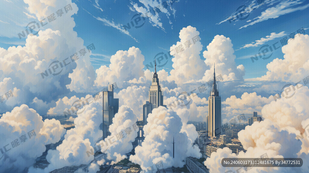 整体白底 上方是蓝天白云