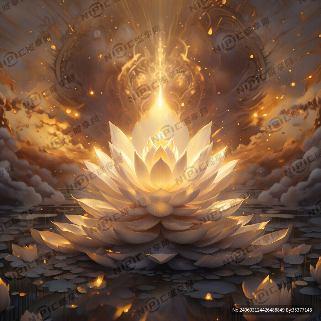 发光大太阳包围一朵金色涅槃莲花