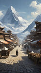 设计一个藏茶的茶叶市场街区广场，以茶马古道为主题，在广场中心区，有雪山，驮藏茶的马队