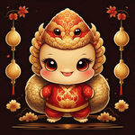 2025 可爱卡通 蛇宝宝 穿着新年衣服 拜年 金色蛇 蛇宝宝吉祥物 卡通蛇新年吉祥物 蛇宝 红金色