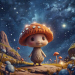 可爱，卡通蘑菇仰望星空，背影