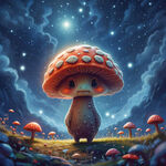 可爱，卡通蘑菇仰望星空的背影